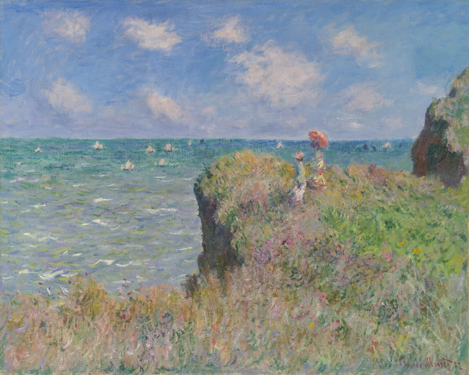Two figures standing on a cliff path above the sea in Monet's Cliff Walk at Pourville.