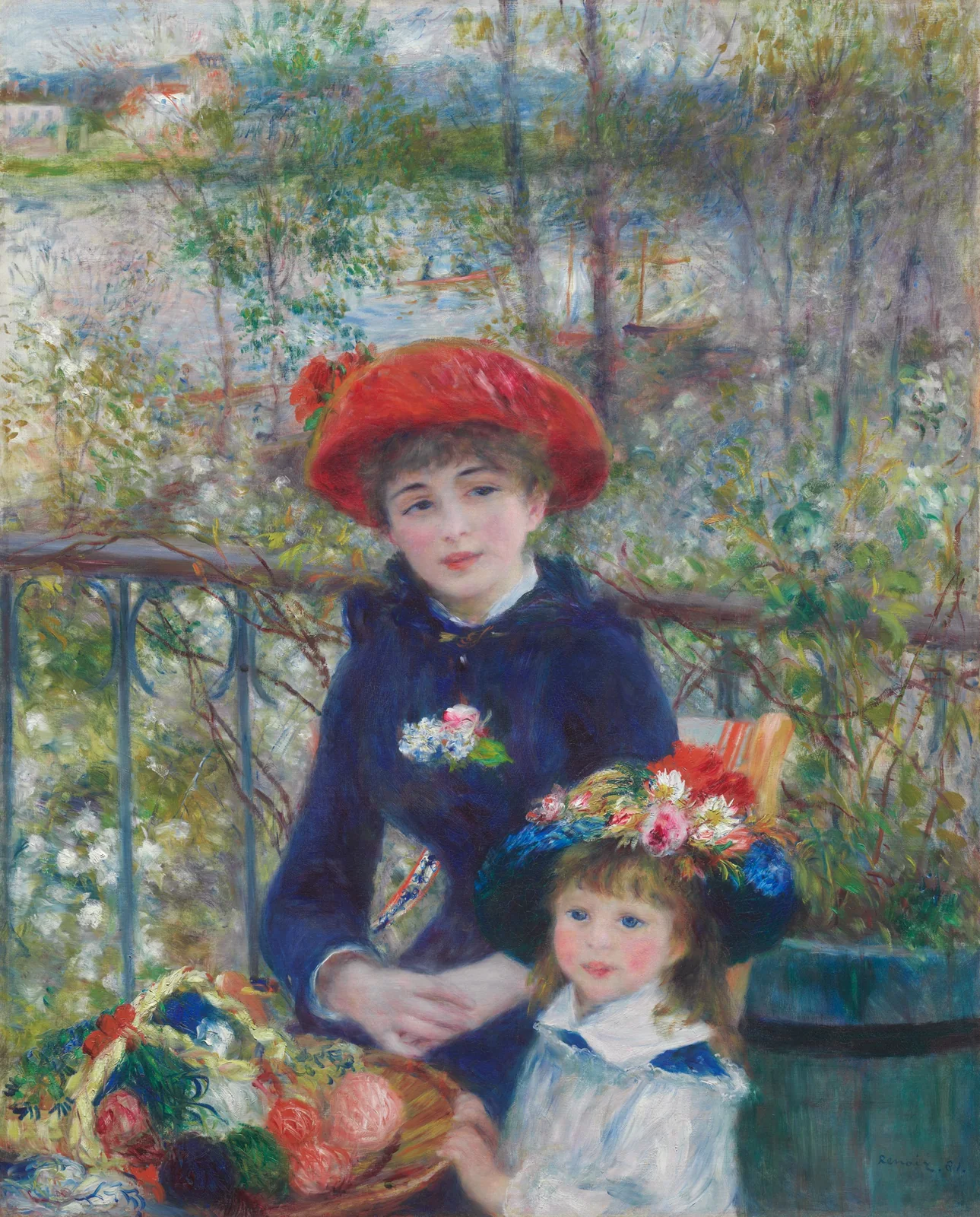 Two girls sitting together on a terrace with flowers in Renoir's Two Sisters.