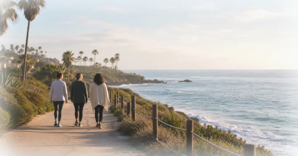 Three people walking together on a coastal path beside palm trees and the ocean