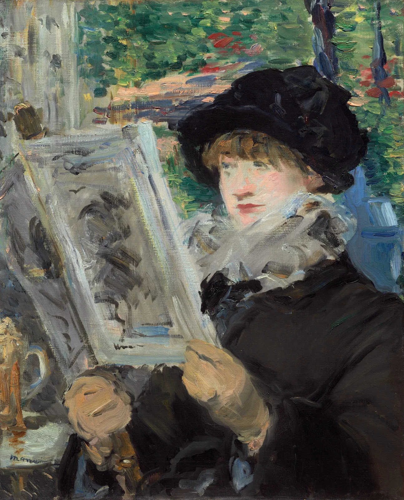 A woman seated with a newspaper in Manet's Woman Reading.