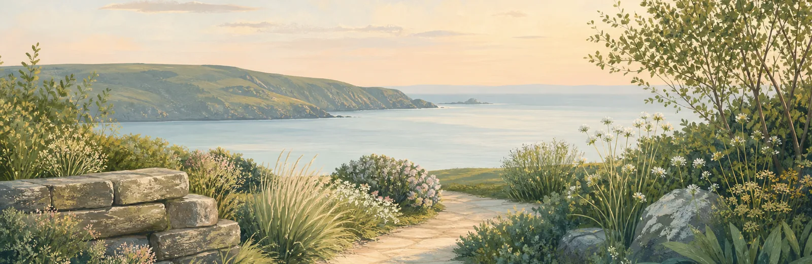 Calm coastal garden path overlooking the sea