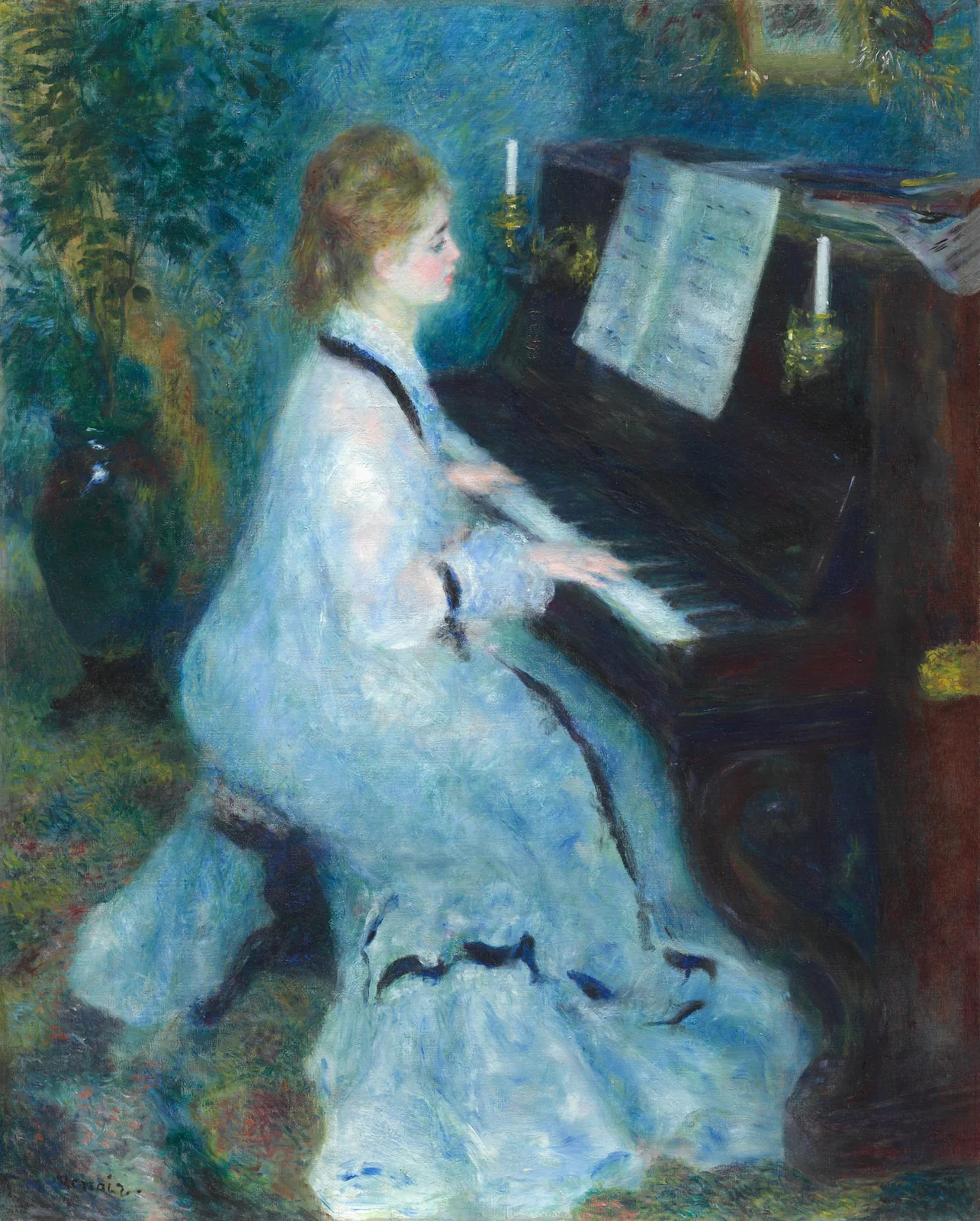 A woman seated at a piano in a quiet interior in Renoir's Woman at the Piano.