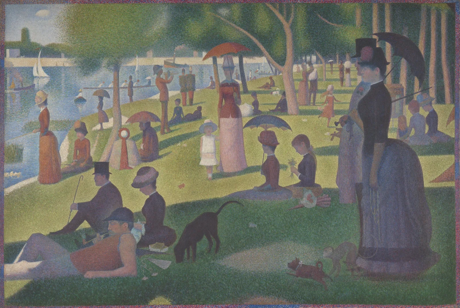People relaxing in a park beside water in Seurat's A Sunday on La Grande Jatte.